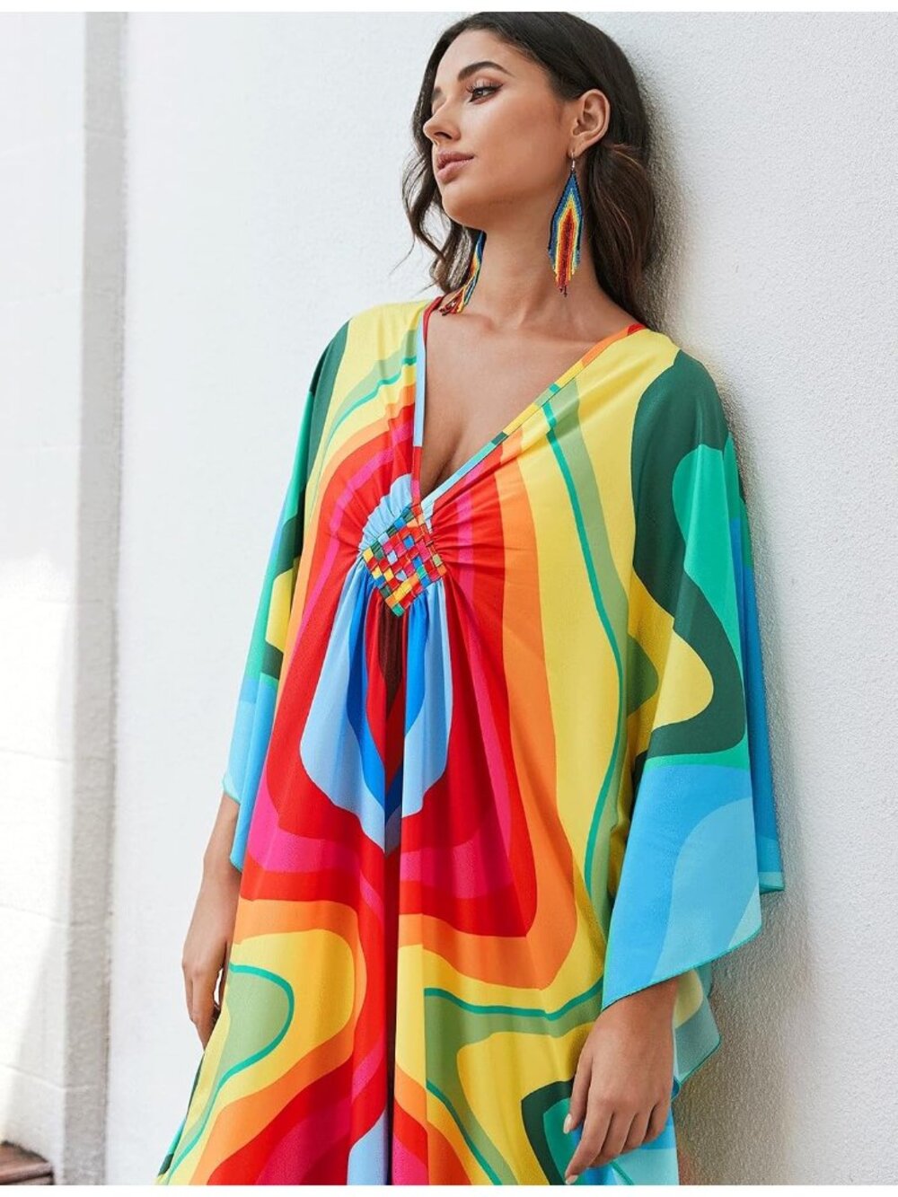 Women's Plus Size Kaftan Maxi Dress Batwing Sleeve Beach Cover Up-8759-color8 - Picture 6 of 6